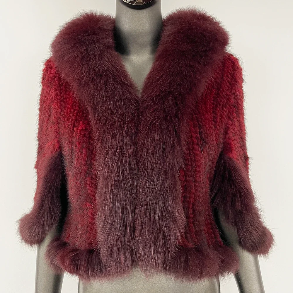 OFTBUY Real Mink Fur Coat Women Shawl Fashion Knitted Genuine Mink Fur Jacket Cape Scarf Natural Fox Fur Collar Cloak Winter