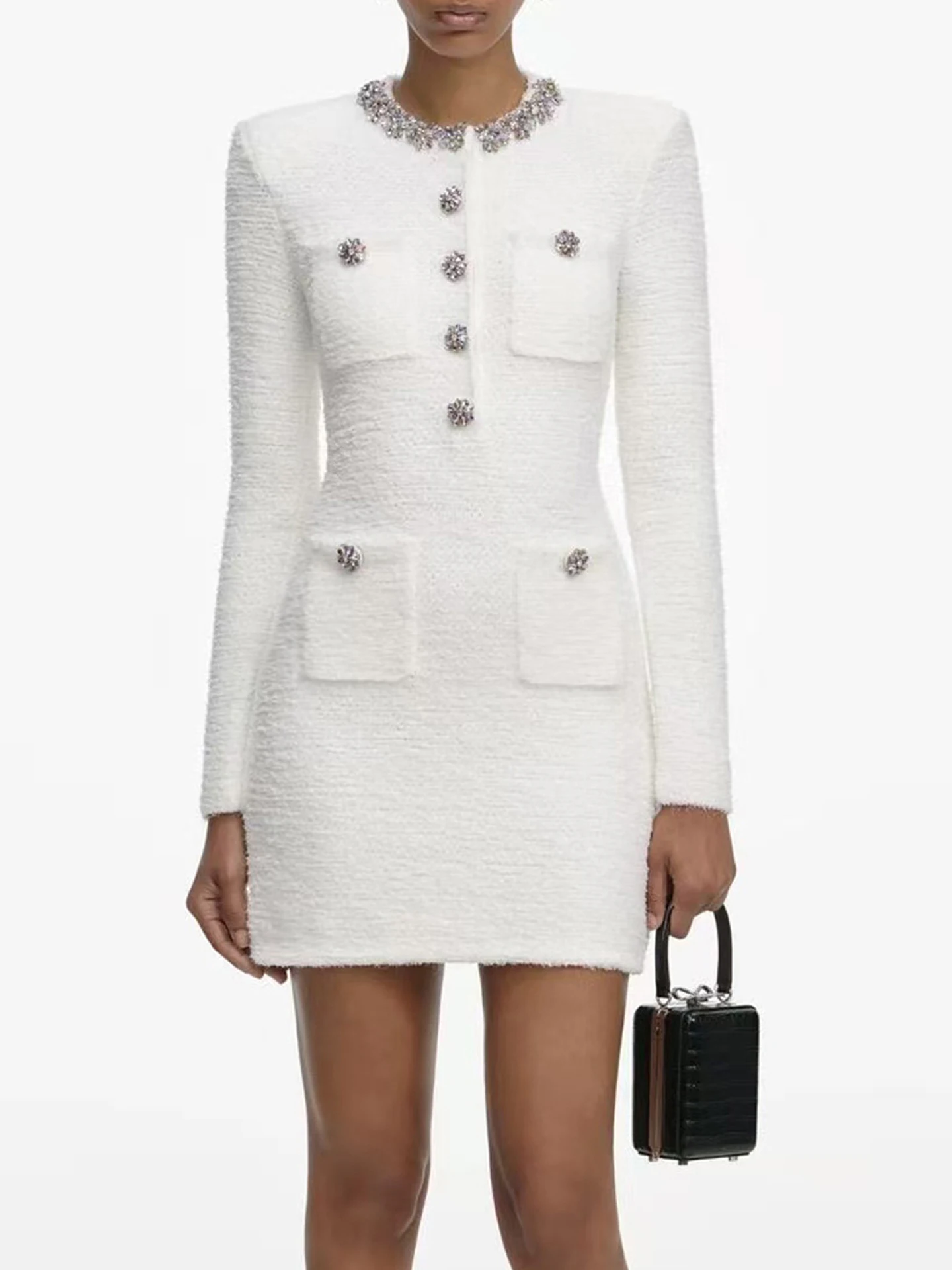 

High-End Women's White Knitted Dr with Diamond Embelliment Ele Commute Sle High Waist Autumn Winter Faion