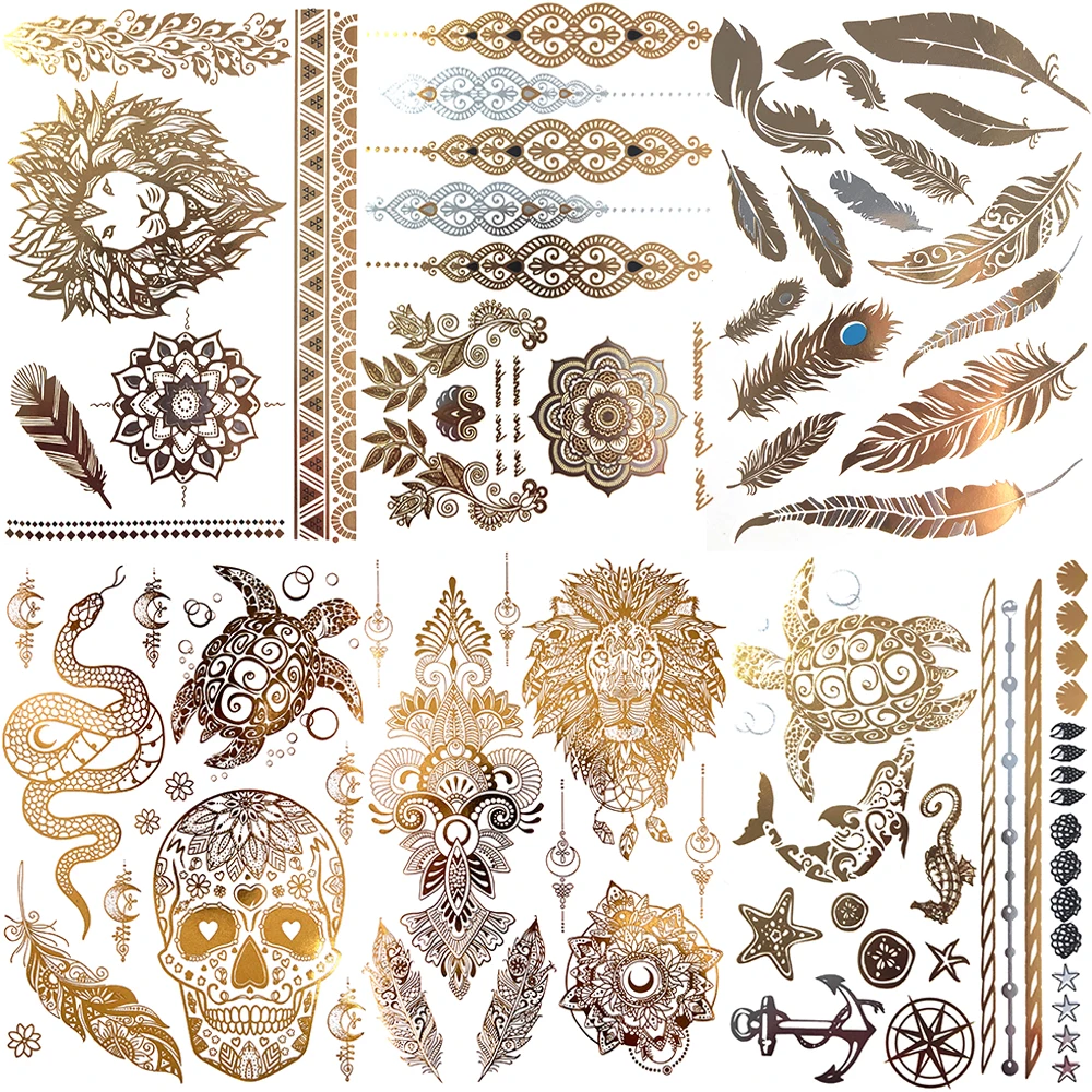 Henna Lion Feather Temporary Tattoos For Women Men Realistic Fake Skull Turtle Snake Tatoos DIY Washable Gold Tattoo Sticker