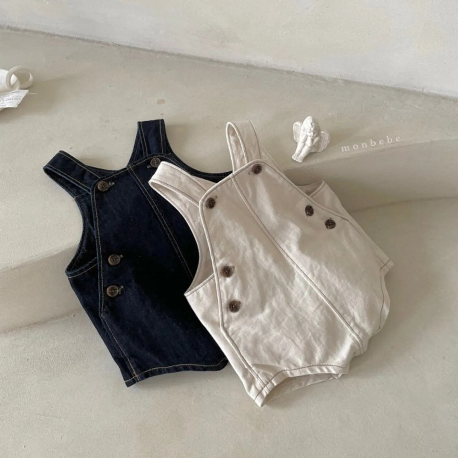 

Korean Style Casual Solid Button Denim Baby Rompers Pants Sleeveless Fashion Street Wear Kids Bodysuit Unisex Spring Summer
