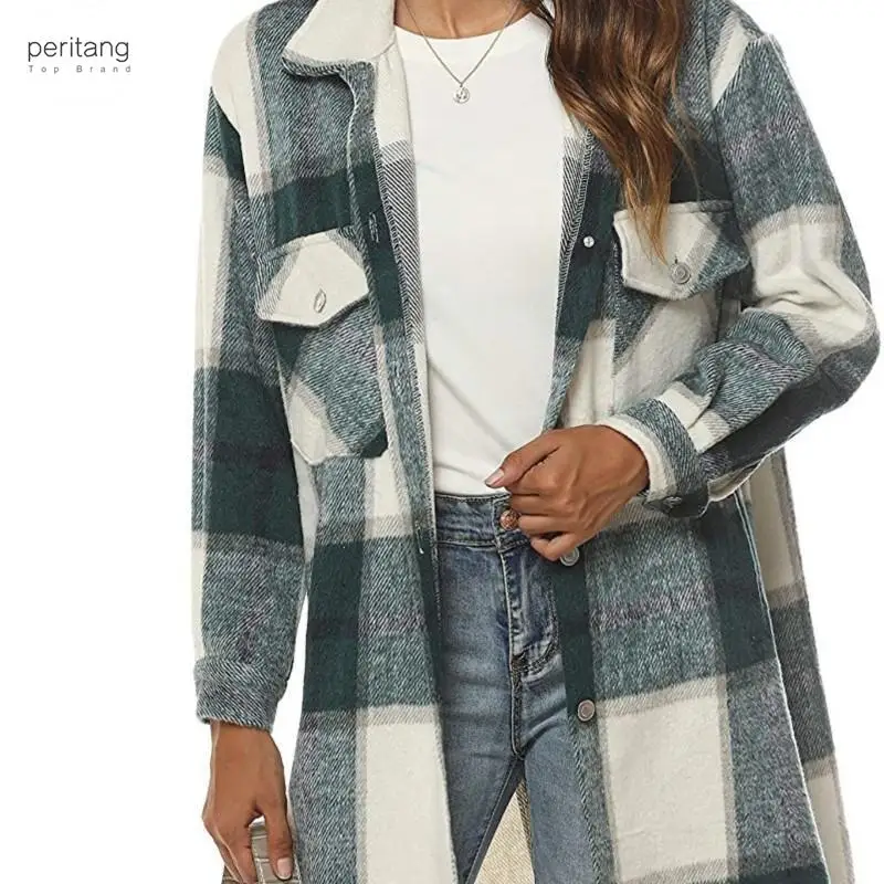 

Women's Casual Plaid Wool Blend Shacket Button Shirt Long Jacket Coat