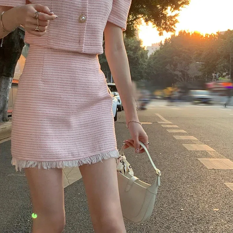 2026 Sweet Temperament Pink Puff Sleeve Lapel Coat Women Single-Breasted Short Jacket Summer Fashion Mini Skirts Matching Sets C view 6