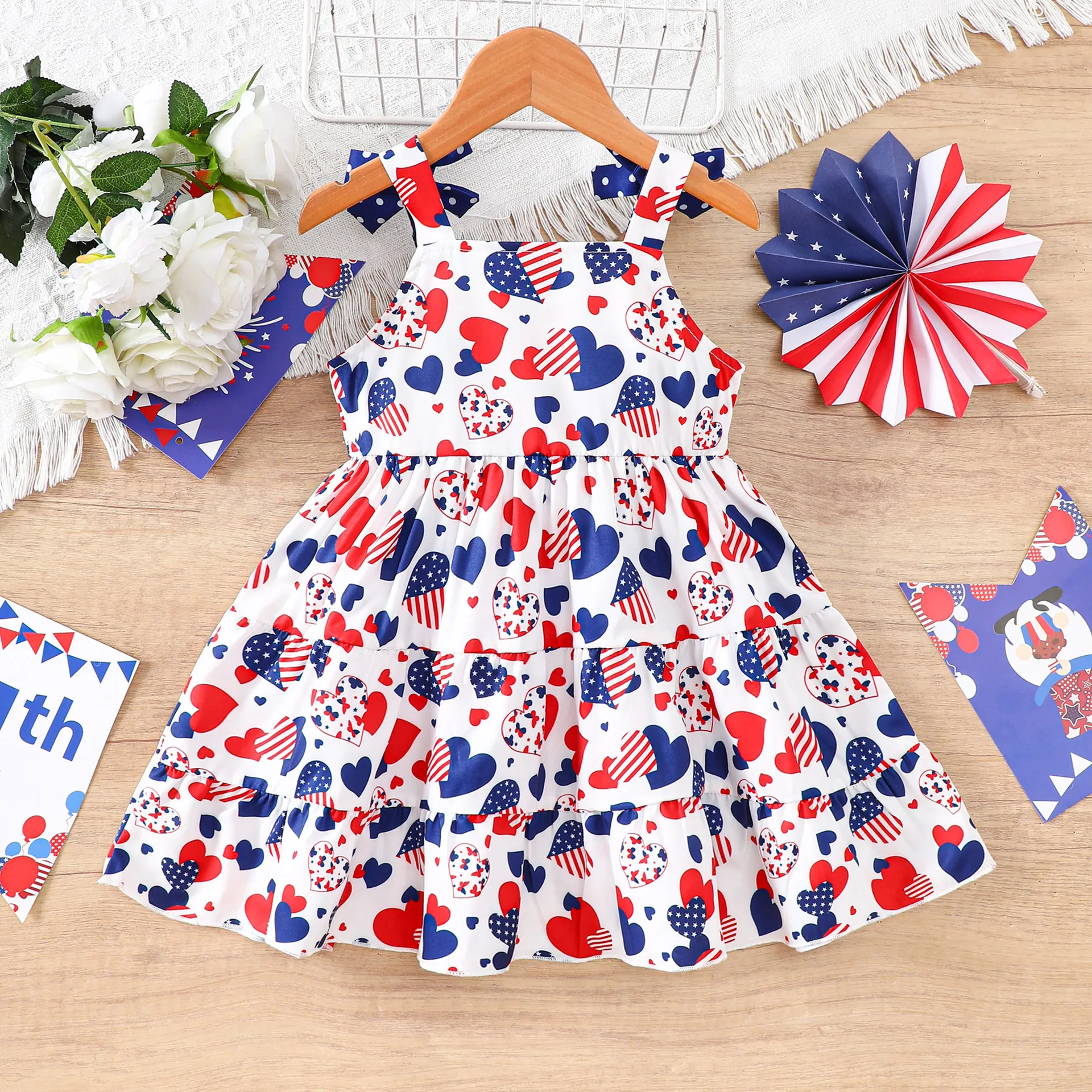 Little Kids Girls Independence Day Sundress Star Striped Flag Heart Allover Print Sleeveless Strap Bow Knot Casual Daily Dress