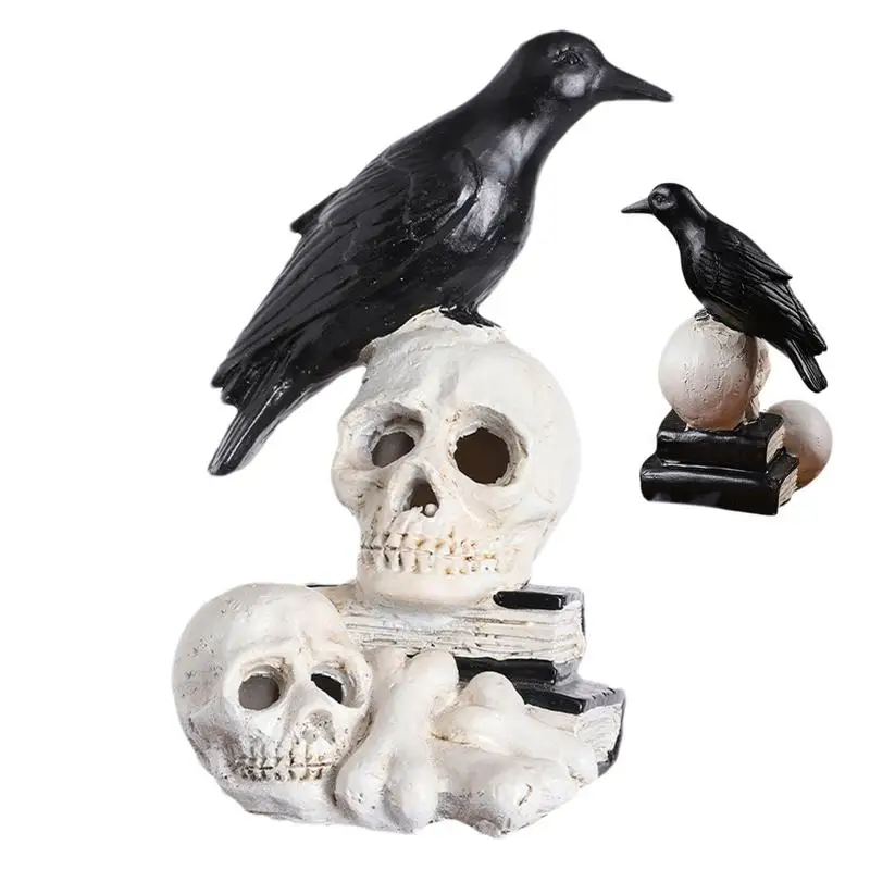 Halloween Raven On Skull Desktop Ornaments Gothic Crow On Skull Statue, Bird Perching On Skeleton Figurine Ossuary Sculpture