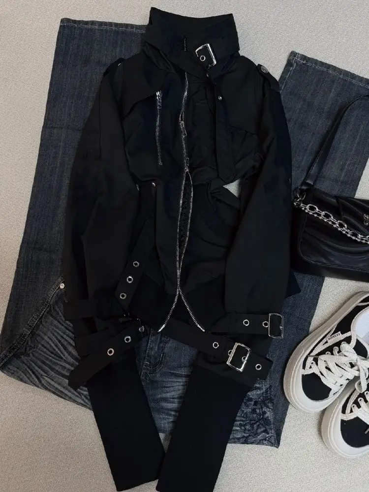 

Black Vintage Waist Slim Jacket Japanese Vintage Style Niche Motorcycle Coat 2025 Autumn Fashion Outerwear Women Short Design