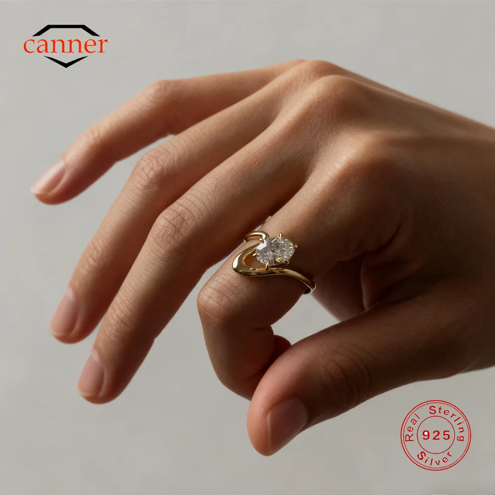 

CANNER 925 Sterling Silver Large Zircon Geometric Lines Wedding Open Ring For Women Ins Chain Ring Jewelry Gift anillos de mujer