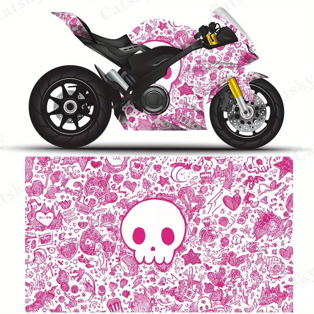 

Милый розовый череп с различными наклейками на мотоциклетную пленку, прочные клейкие наклейки из ПВХ для индивидуальной настройки мотоцикла, устойчивые к атмосферным воздействиям