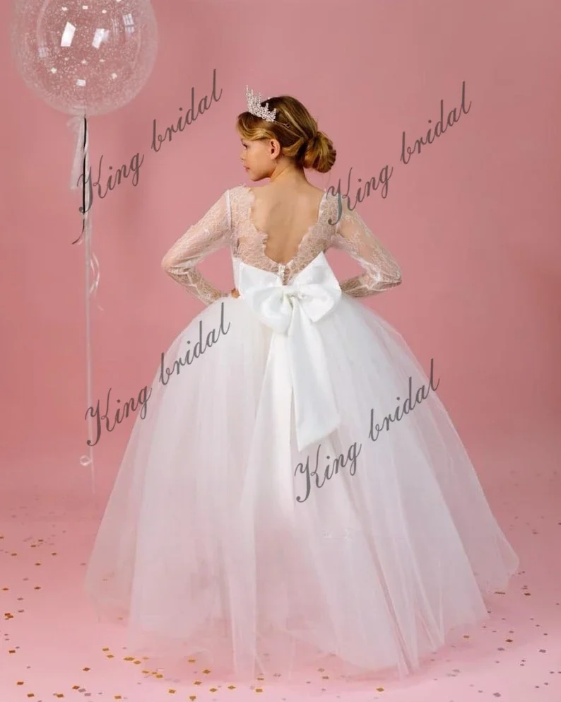 Handgefertigtes Kleinkindkleid, Festzugskleider für Mädchen, langärmelig, Spitze, Ball, Tüll, Blumenmädchenkleid, Mini-Brautmädchen-Hochzeitskleider