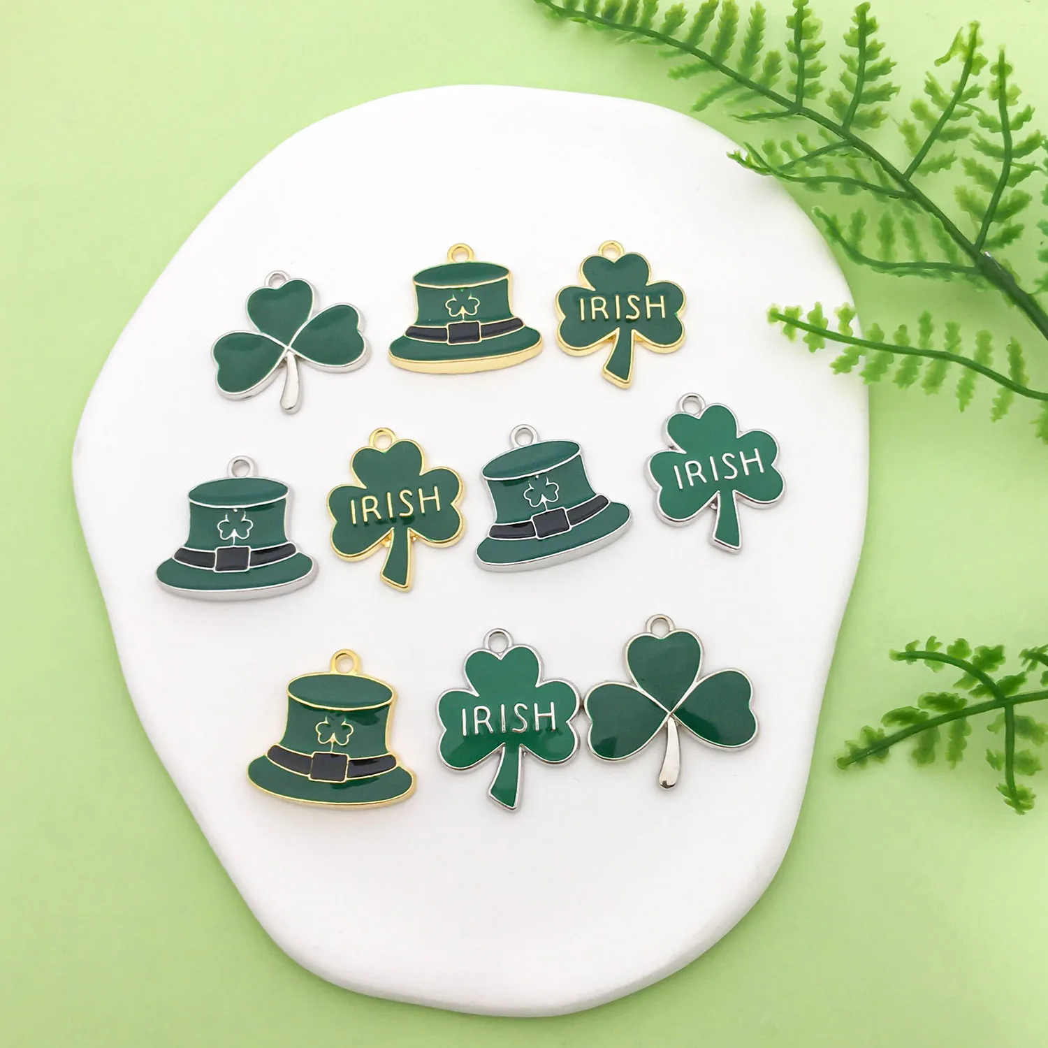 

10pcs St. Patrick's Day Shamrock Charms for Jewelry Making Enamel Green Hat Leaf Pendants for Necklace Bracelet Earrings Making