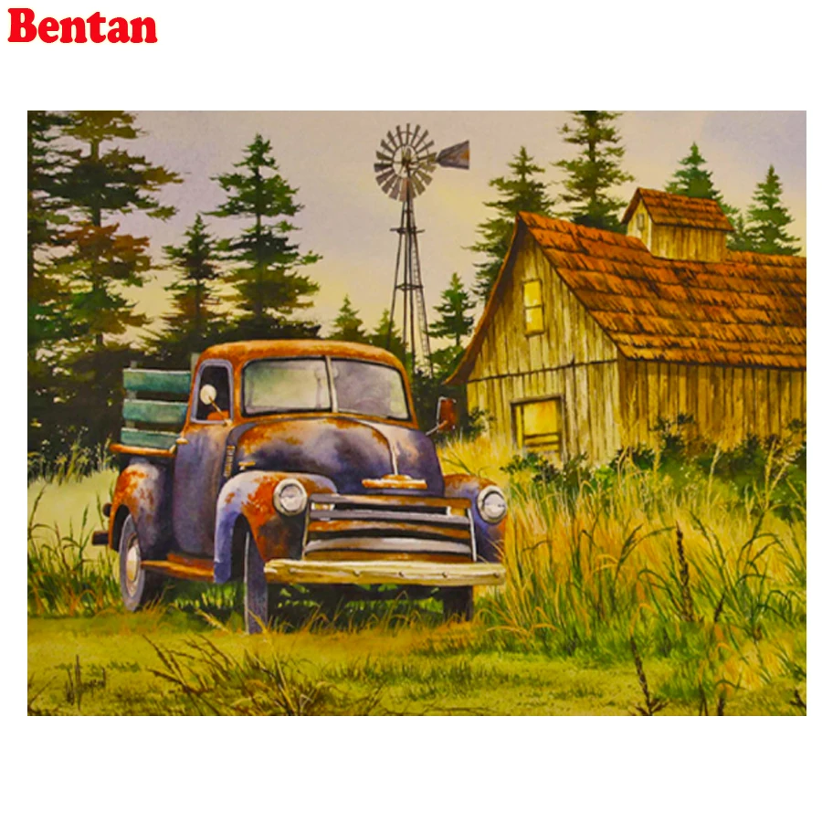 5D Diy Diamond Painting Retro Car Country House Landscape Full Square Drill Square Diamond Embroidery Mosaic Kit Cross Stitch