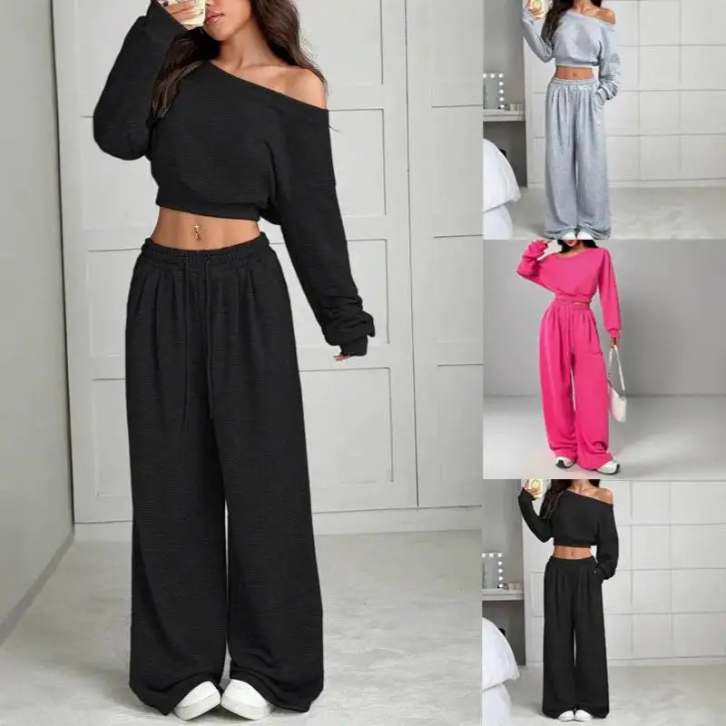 

Women's Casual Hooded Sweatshirt Set Single Shoulder Long Pants Pure Color Commute Style Four Seasons Sports Fashion Set