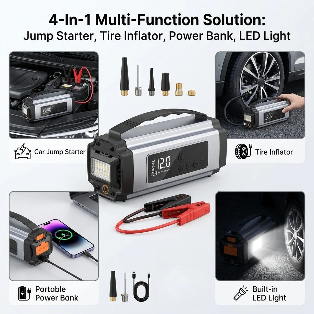 Jump Starter with Air Compressor, Portable Tire Inflator, 12V Car Battery Starter, Power Bank, Digital Gauge