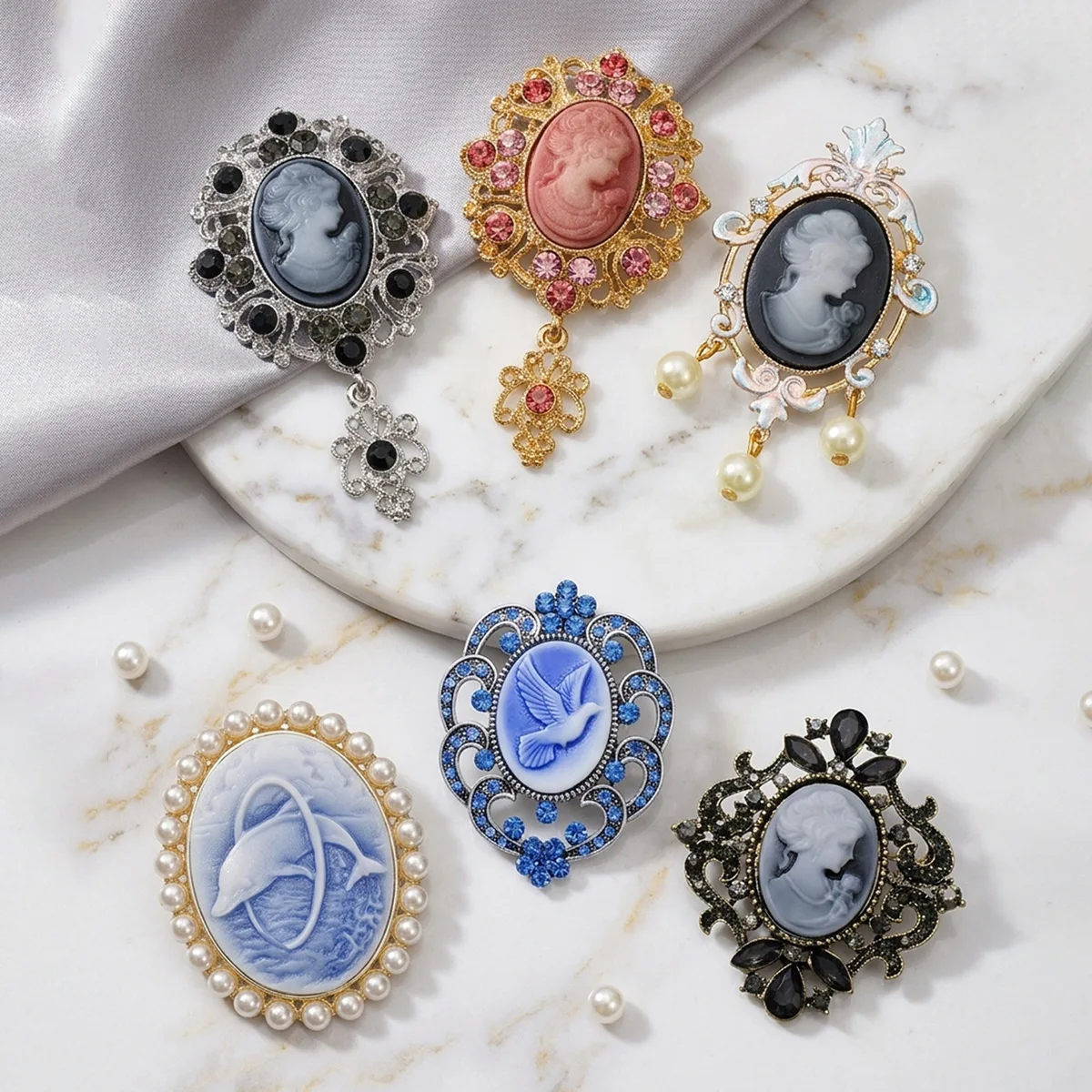 Cross border retro Cameo brooch, Victorian style relief portrait rhinestone pearl badge, elegant retro women's accessory