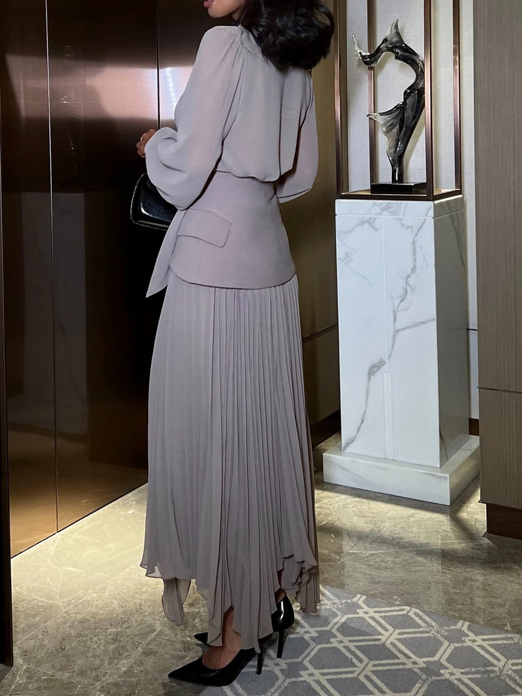 Jupe longue Sexy à col en v, gilet assorti, tenues à la mode, taille haute, couleur unie, costume 3 pièces, ensemble de transport élégant plissé pour femmes, 2025