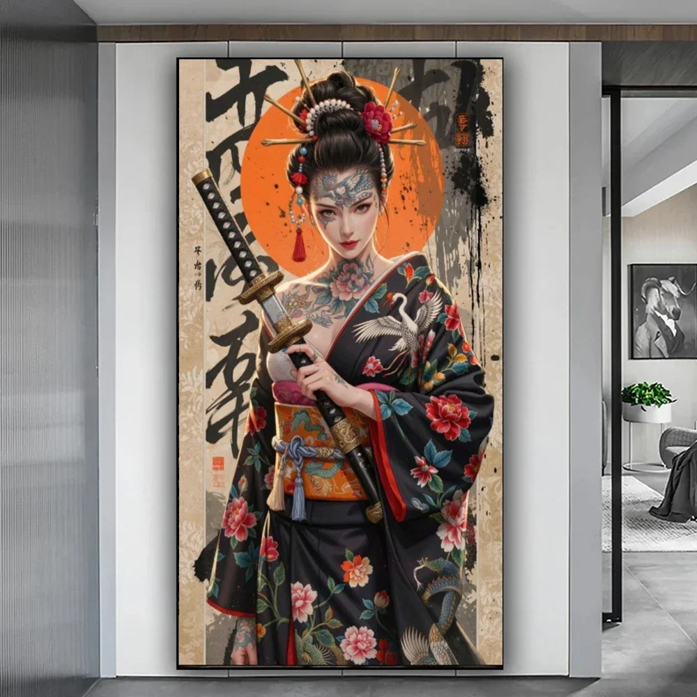 Vintage Japanese Samurai Woman Holding Katana Canvas Painting Traditional Japanese Geisha Samurai Art Posters Bedroom Home De
