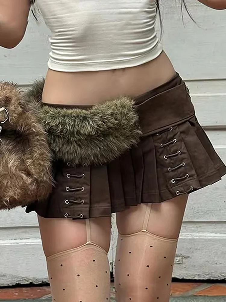 

Weird Puss Sexy Pleated Skirt Women Wild Hottie Furry Patchwork Metal Hollow Trend Chic Coquette Midnight Party Club Streetwear