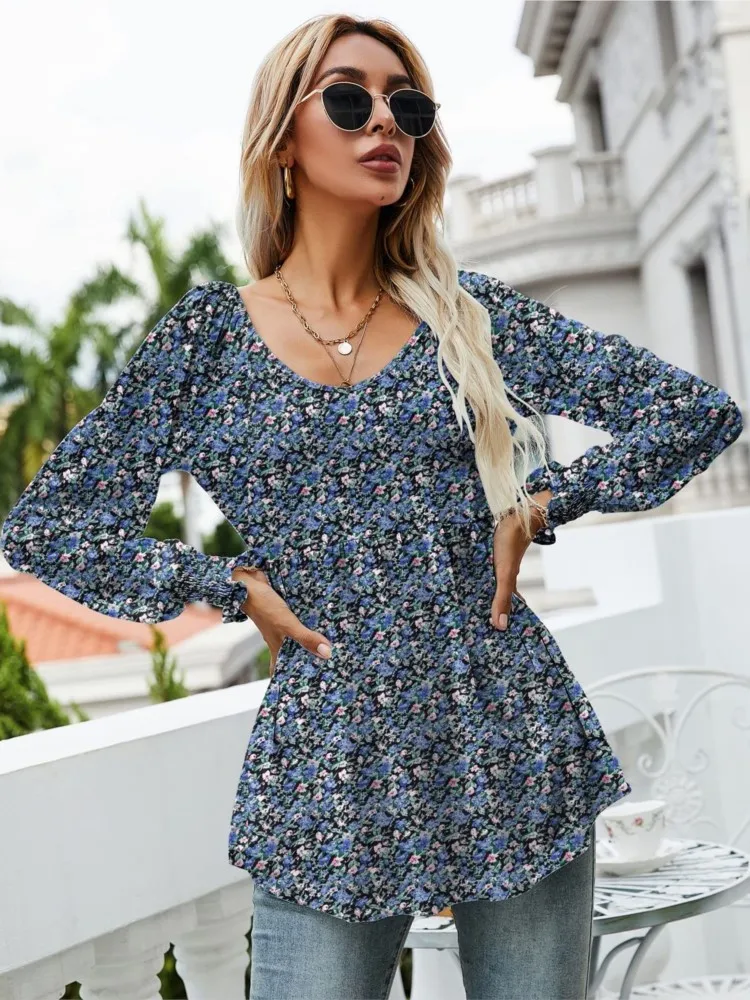 

Women's Autumn Winter New Fashion Pleated Printed Bubble Sexy V-neck Long Sleeved Waist Tied Women's Top T-shirt