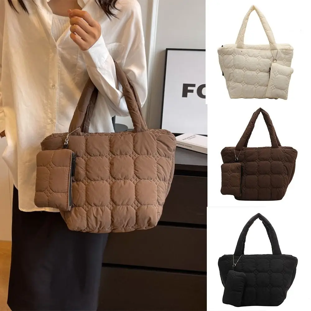 

Korean Style Space Cotton Underarm Bag Large Capacity Plaid Handbag with Coin Purse Solid Color Tote Bag Shoulder Bag Lady