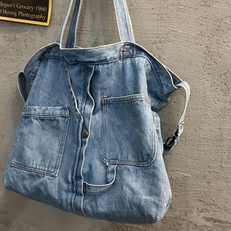 Abqr nova rede vermelha denim bolsa de ombro mensageiro casual selvagem portátil sacola de compras lona bolsa feminina azul claro