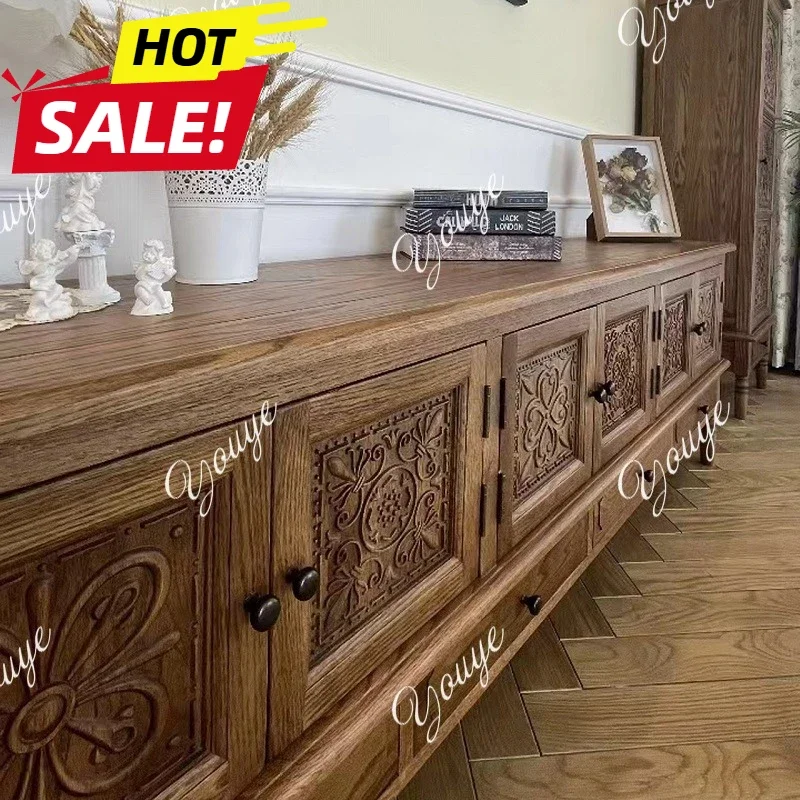 

O Carved TV Cabinet Combination American Country Solid Wood Retro Pastoral Oak Living Room Storage Long Floor Cabinet