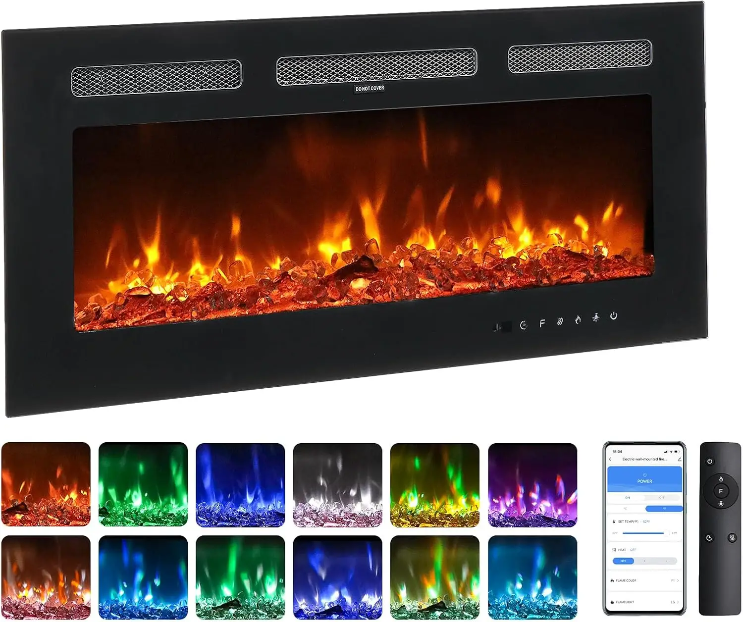 36'' Electric Fireplace, 3-in-1 Ultra-Thin Wall Mounted, Remote  APP Control, 1500W Wall Heater Timer, Log Set Crystal