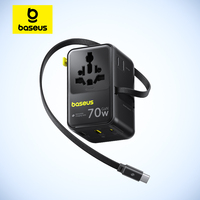 Baseus GaN Charger Universal Travel Adapter Built in 70W Retractable Cable 2AC 2 USB-A Type-C Fast Charging EU/UK/USA/AUS