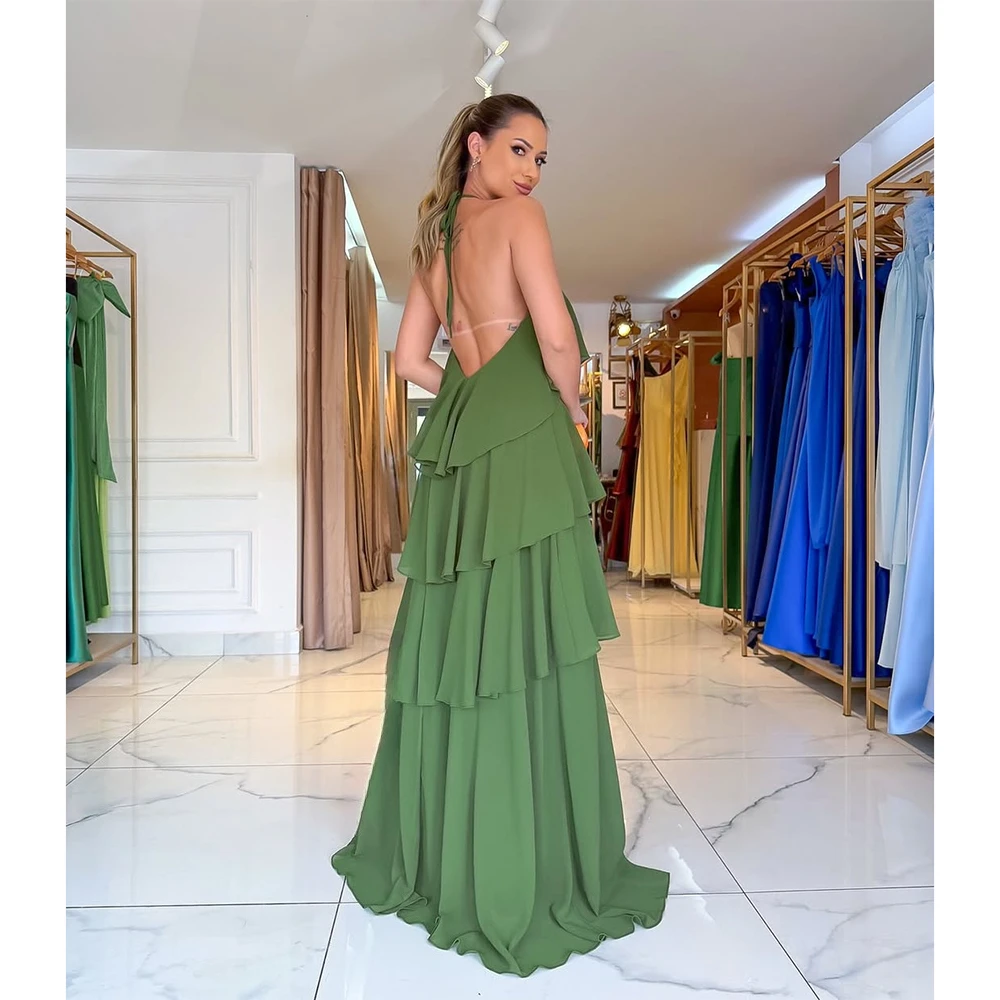 فستان حفلة موسيقية أنيق من الشيفون الأخضر مخصص على شكل زهرة رسن بدون أكمام على شكل حرف A فساتين سهرة طويلة بدون ظهر للحفلات