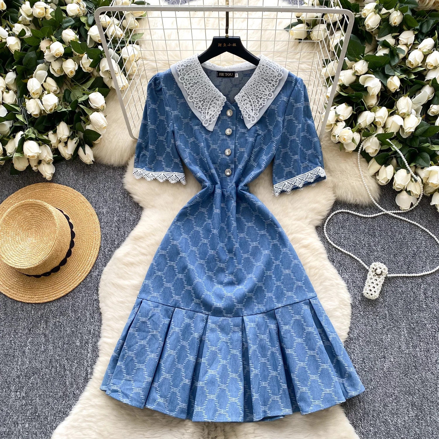 

Vintage Blue Checkered Women Denim Dress Summer Crochet Embroidery Slim Mid-Length Dresses Lady Elegant Jean Clothes