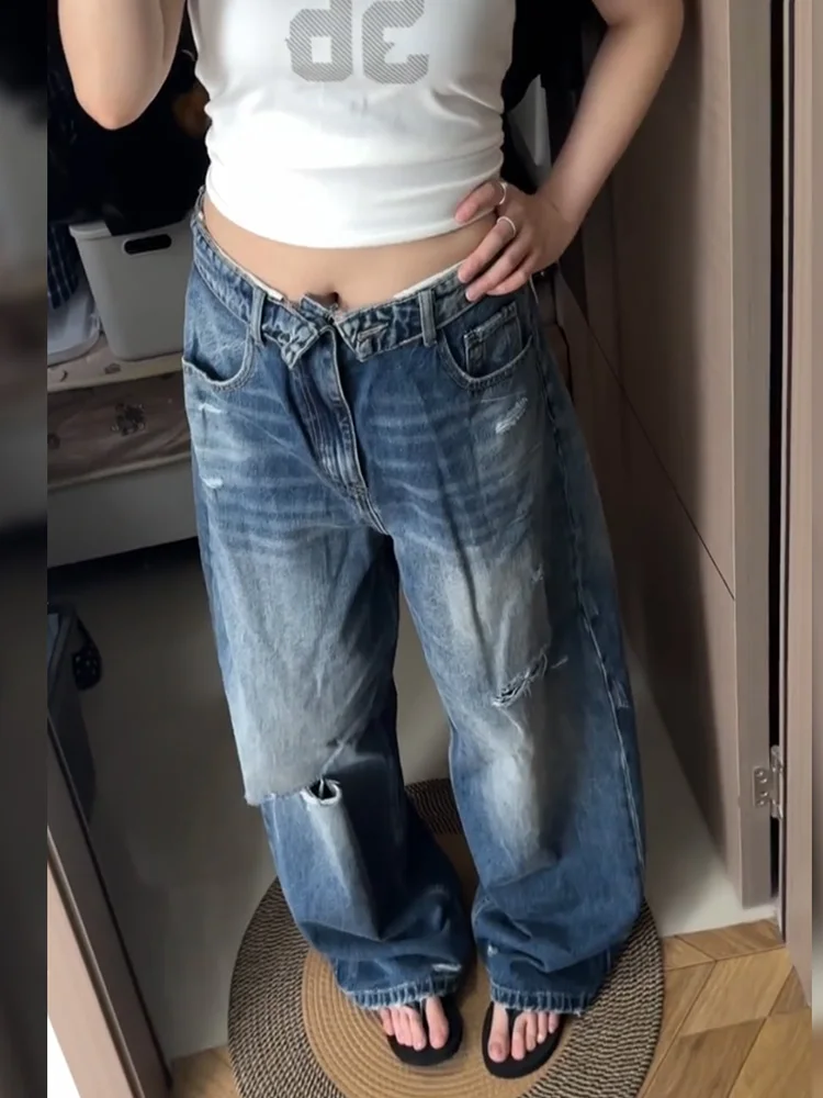 Retro American Design Sensation Waist Flip Body Old Jeans Women Loose Floor-Length Pants Natural Waist Pure Color All Seasons