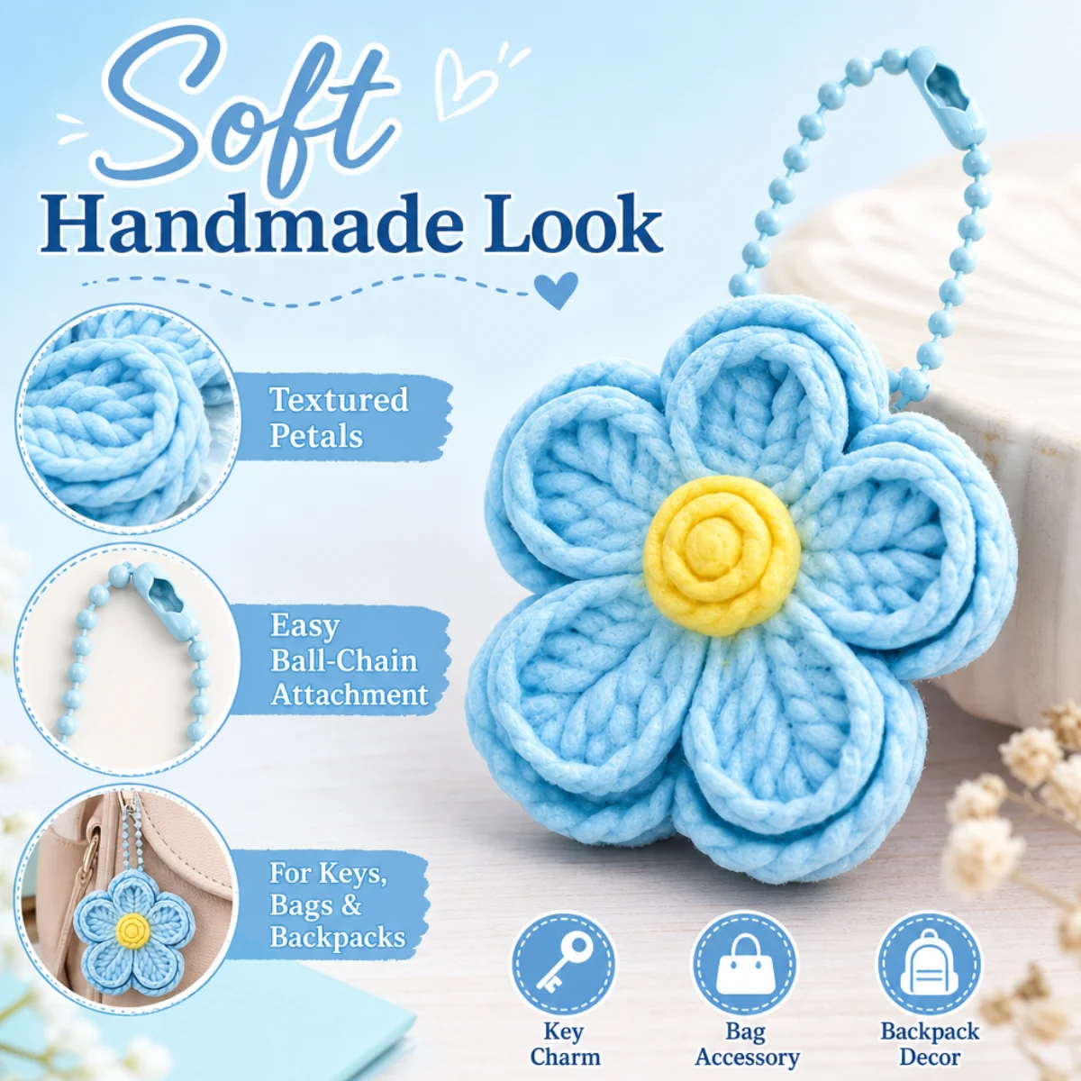1Pc Floral Stress Relief Popper Keychain,3D Printed PLA,Handmade Knitted Texture,Multicolor Portable Backpack Hanging Decor