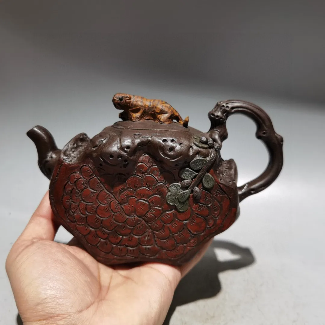 

7"Chinese Yixing Purple Clay Teapot Tiger Statue Cover Pine cypress stump Pot Flagon Kettle Teapot Tea ceremony Ornaments