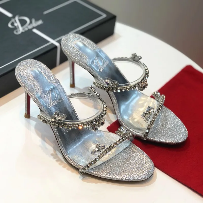 2024 Summe Open Toe Round Toe New Rhinestone High-heeled Sandals Women's Stiletto Sexy thin Strap Sandals Silver Crystal Shoes