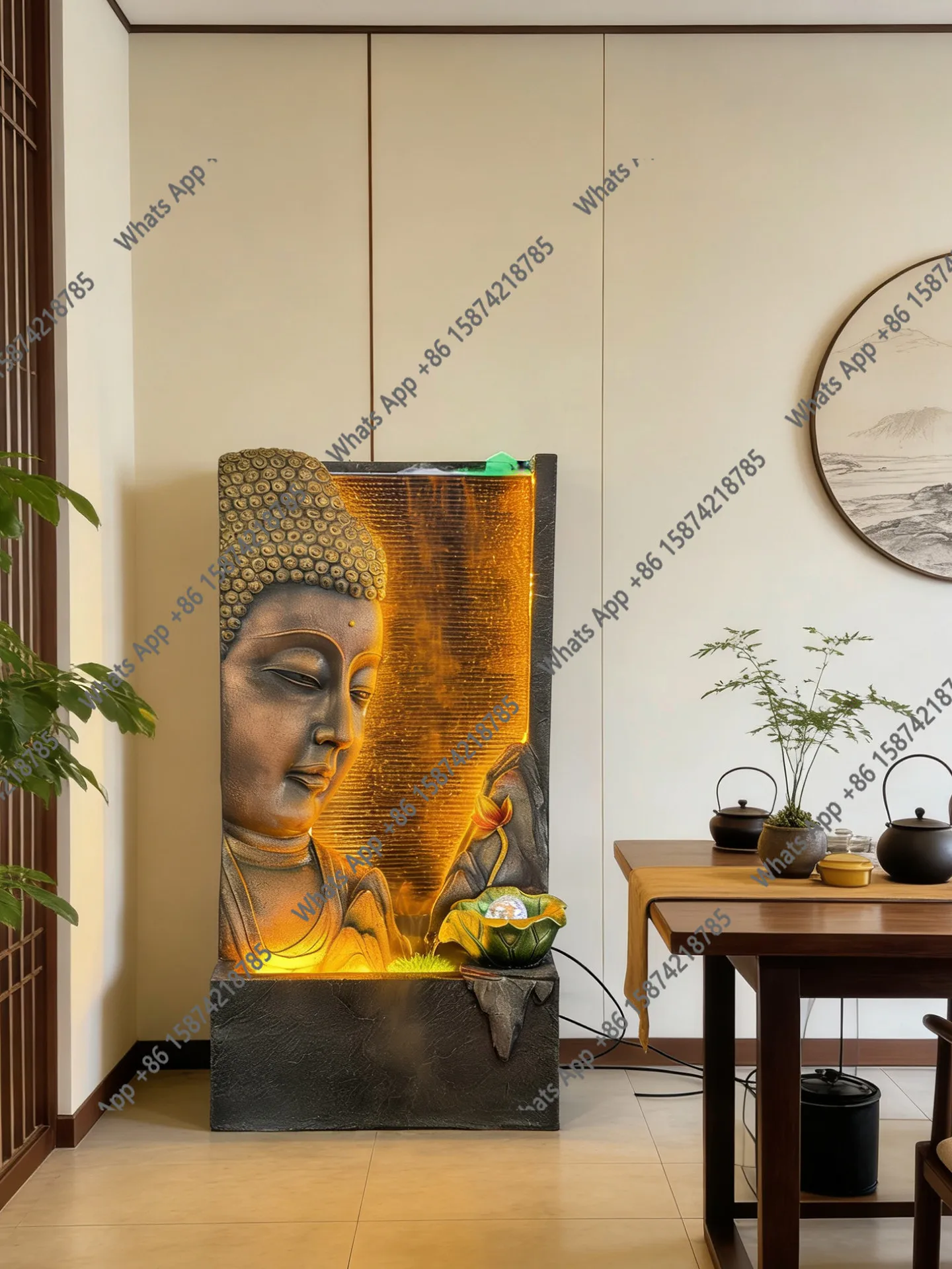 Buddha statue water curtain wall flowing water ornament Buddha head decoration landscaping floor