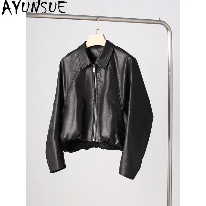 AYUNSUE Real Leather Black Jackets for Woman 2026 Sheepskin Commute Outerwears Luxury Short Leather Jacket Woman Clothes 신상아우터
