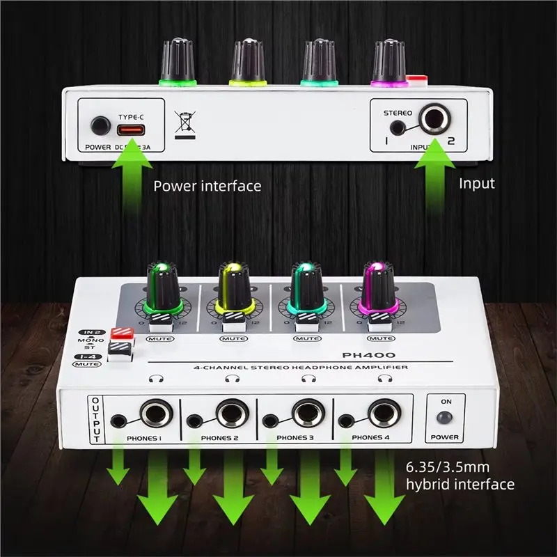 B30C-PH400 Guitar Headphone Amp 4-Channel Distribution System Maximum Push Of 600 Ohm Headphones RGB Lighting Effect