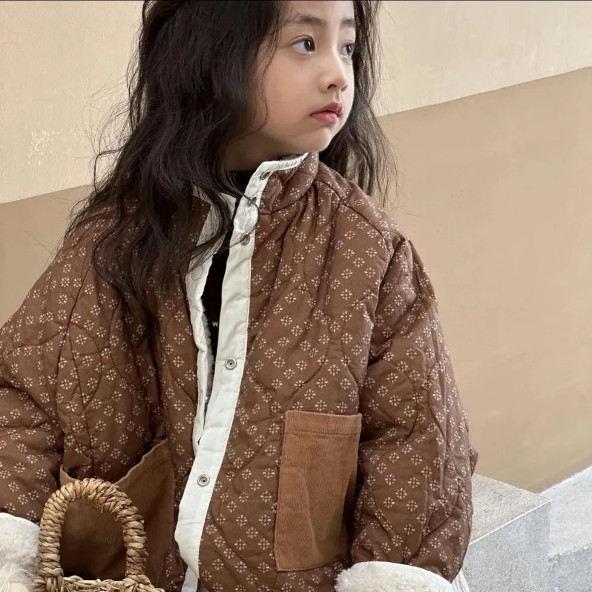 

Autumn/Winter Girls Reversible Sherpa Jacket New Children Thickened Plush Floral Print Coat for Double-Sided Wear Kids Outerwear