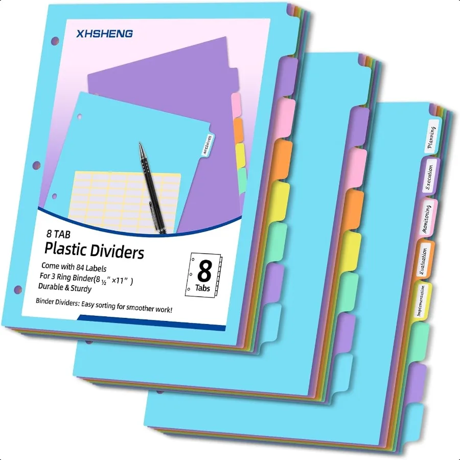 

3 кольцевых разделителя с TAB24PCS, 3 комплекта пластиковых разделителей для файлов, 8 вкладок, 3 разделители для дырокола, пастельные цвета, размер буквы, 3 комплекта