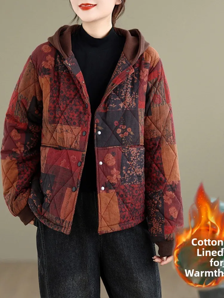 

Художественное хлопковое пальто в стиле ретро, женское зимнее хлопковое теплое хлопковое пальто небольшого размера для мам, верхняя одежда с капюшоном, длинный свек