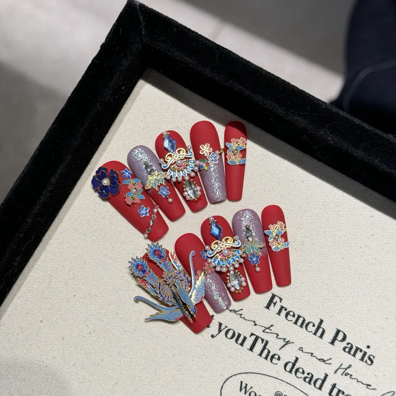 Press On Nails Handmade Festive Chinese Red Three-dimensional Phoenix Peacock Blue False Nail Patches Removable Reusable