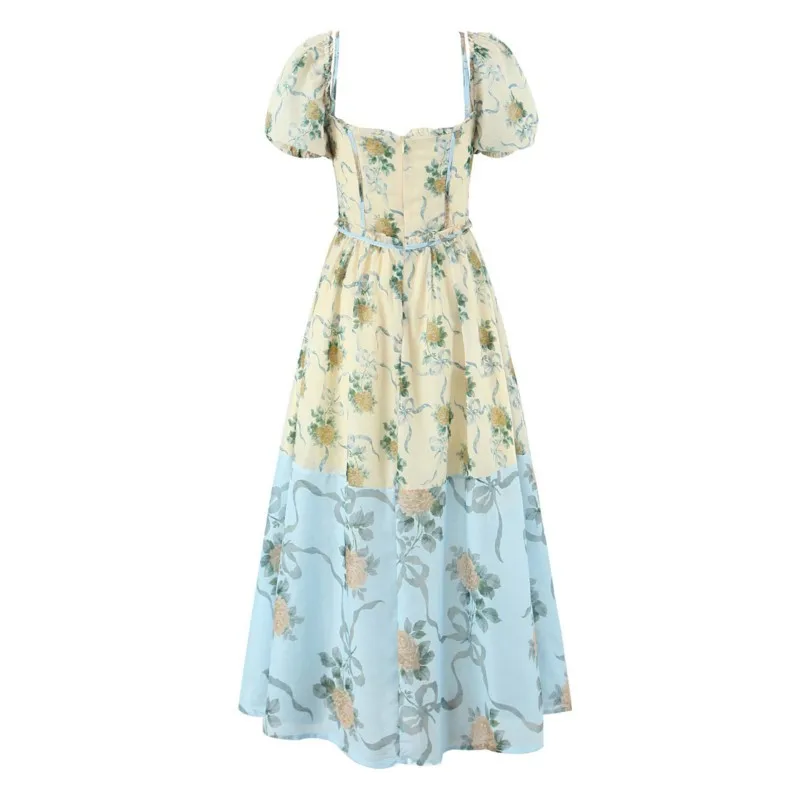 فستان بوهيمي عتيق فساتين بمزاجية 2025 فستان نسائي أنيق بأكمام منتفخة مطبوع عليه زهور عطلة ضيقة