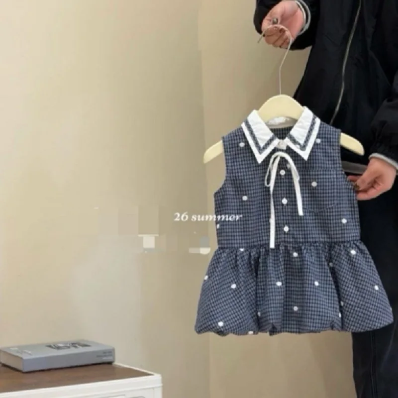 Sommerkleid für Mädchen, kariertes Sommerkleid mit Weste für Kinder, Kinderkleidung, Sommeroutfit für Babymädchen, ärmelloses Kleid im Academy-Stil
