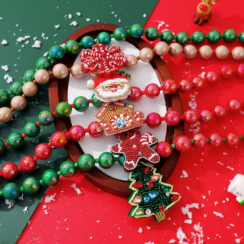 Christmas Iridescent Bead Necklace with Santa, Christmas Tree, Snowflake, and Gingerbread House Pendants