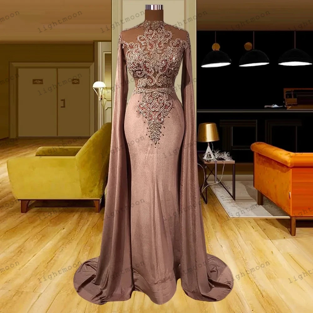 

Vintage Evening Dresses Pretty Prom Dress Satin Ball Gowns Embroidery Appliques Full Sleeves High Neck Robes Vestidos De Gala