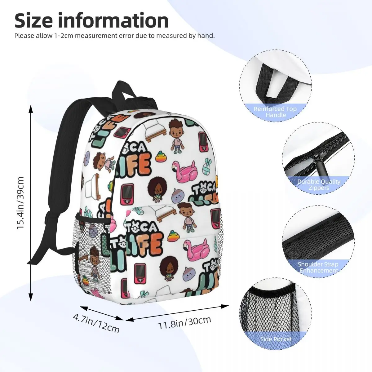 Toca Boca New Fashion High Capacity Waterproof College Backpack Trendy Laptop Travel Book Bag 15inch