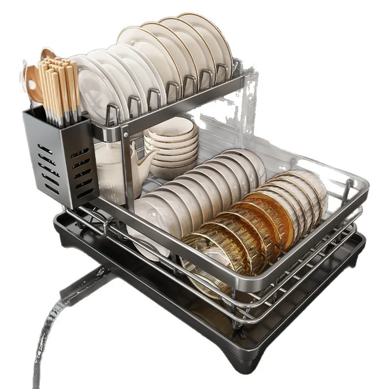For New Dish Storage Rack Drain Bowl Rack Kitchen Shelf Stainless Steel Dishes and Chopsticks Dish Double Drain Basket