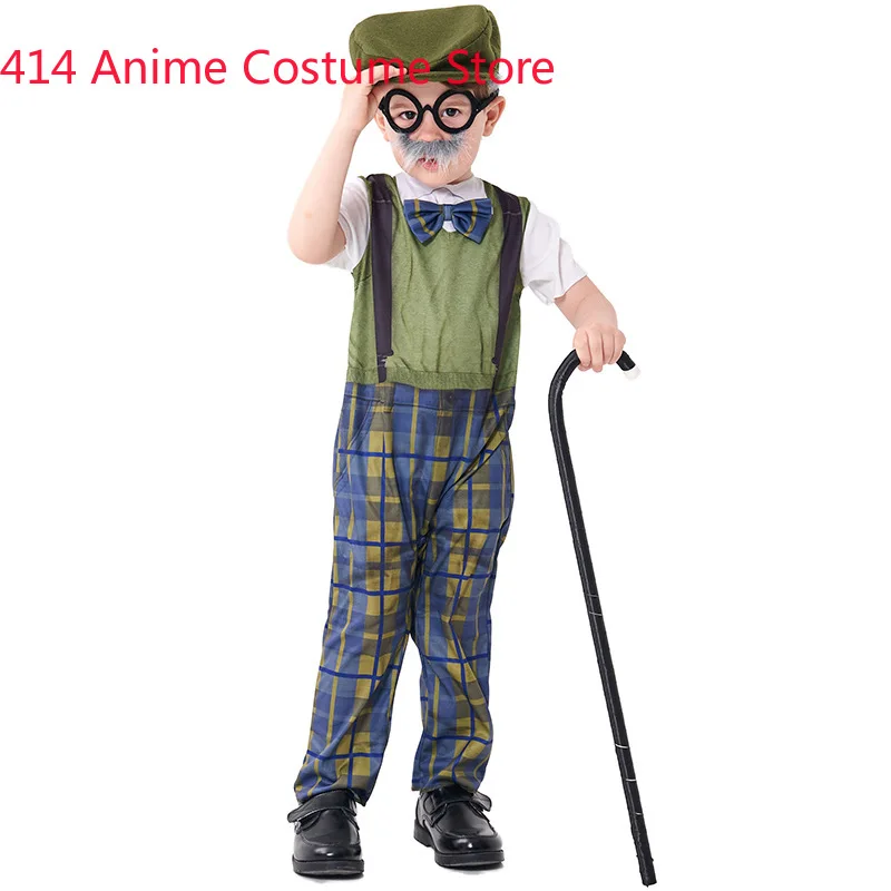 Kids Child Grandpa Old Man Costume Kit for Boys Short Sleeve Green 4-6Y 6-8Y 8-10Y 10-12Y