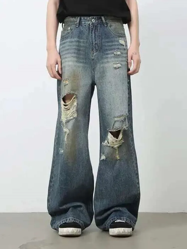 American Trend Irregular Hole Vintage Jeans Men's Distressed Washed Wide Leg Straight Denim Pants 2025 New Trousers 2IY5C