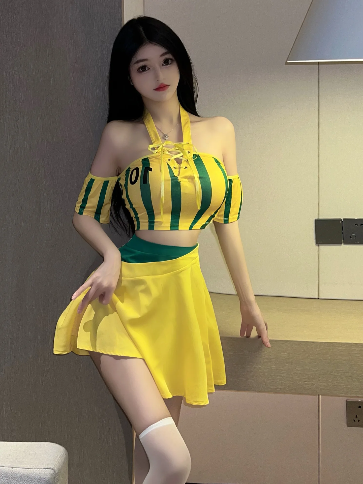 Halter Yellow Letter Mini Dress Sexy Football Baby Uniform Top Short Fashion Women Top elegante Cute Girl S256