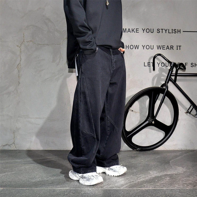 

Black Niche Vibe Wide Curved Leg Straight Jeans Men, American Trendy A-Line Silhouette Stylish Casual Long Pants