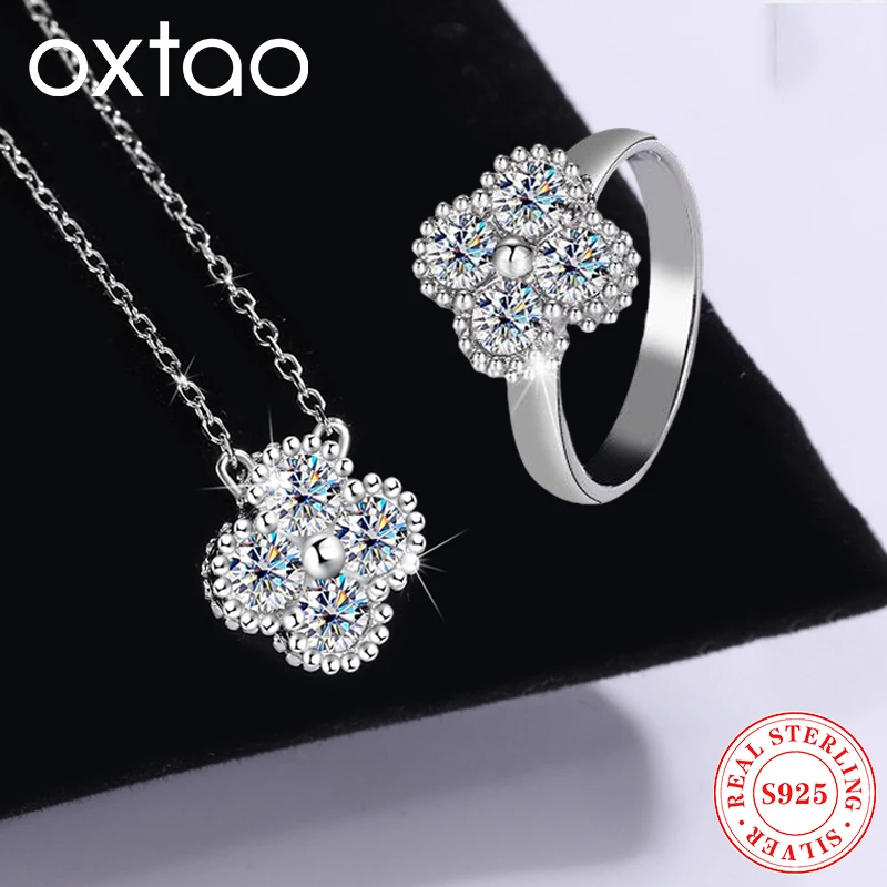 

Сертифицированный OXTAO муассанит, набор ювелирных изделий Lucky Clover, серебро 925, кулон с цветком клевера, ожерелье, кольца для подруги, свадебный подарок